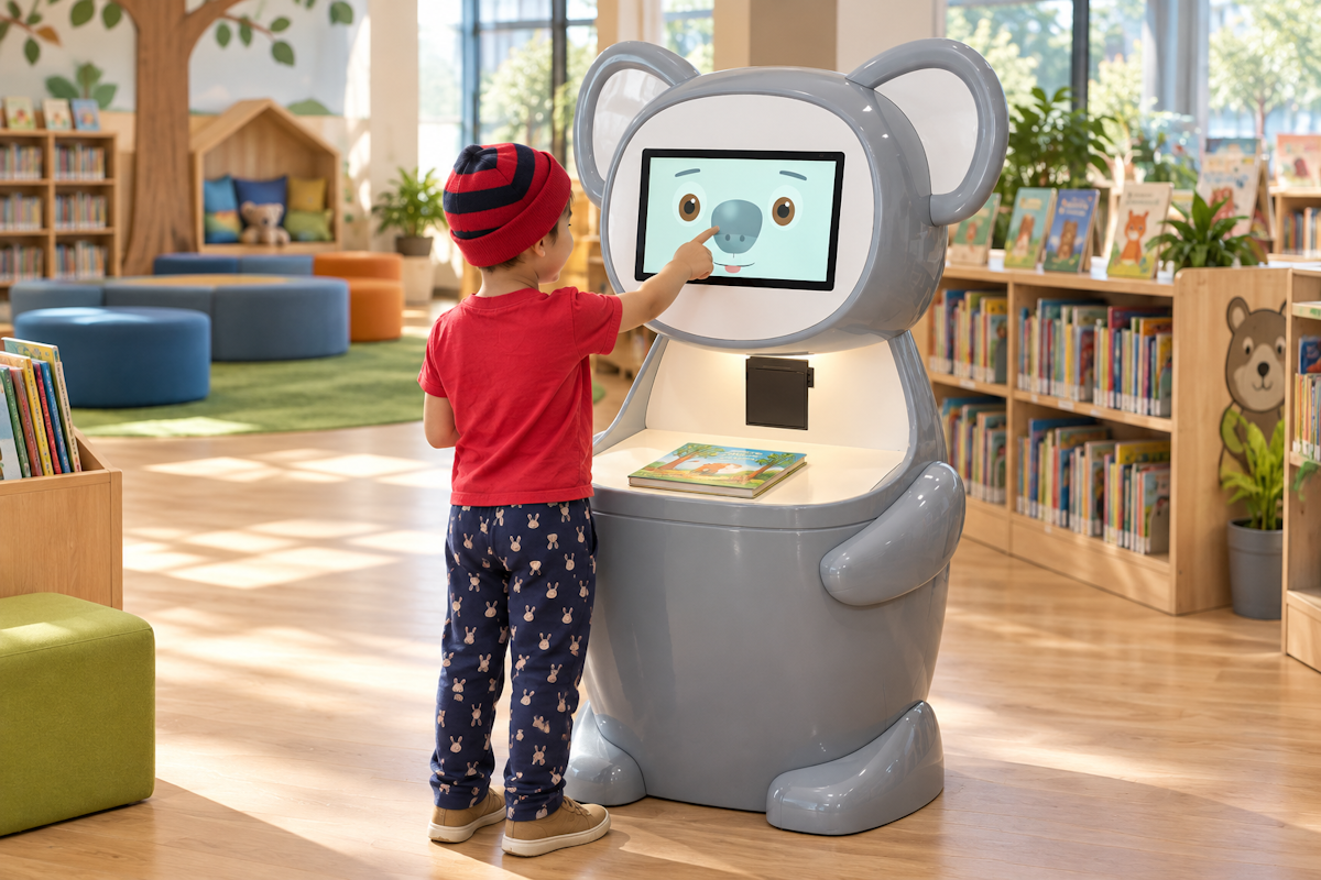 Illustrative render of a child using the koala Arcus Self-Service Junior in a children's library.